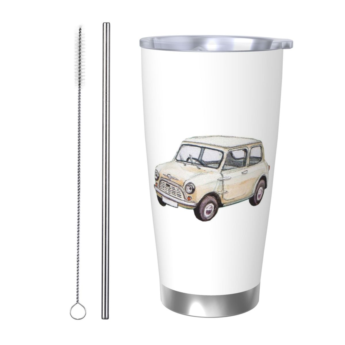 Tumbler 20Oz White - Klassischer weißer Mini-Cooper im Aquarell-Stil, Edelstahlbecher,
